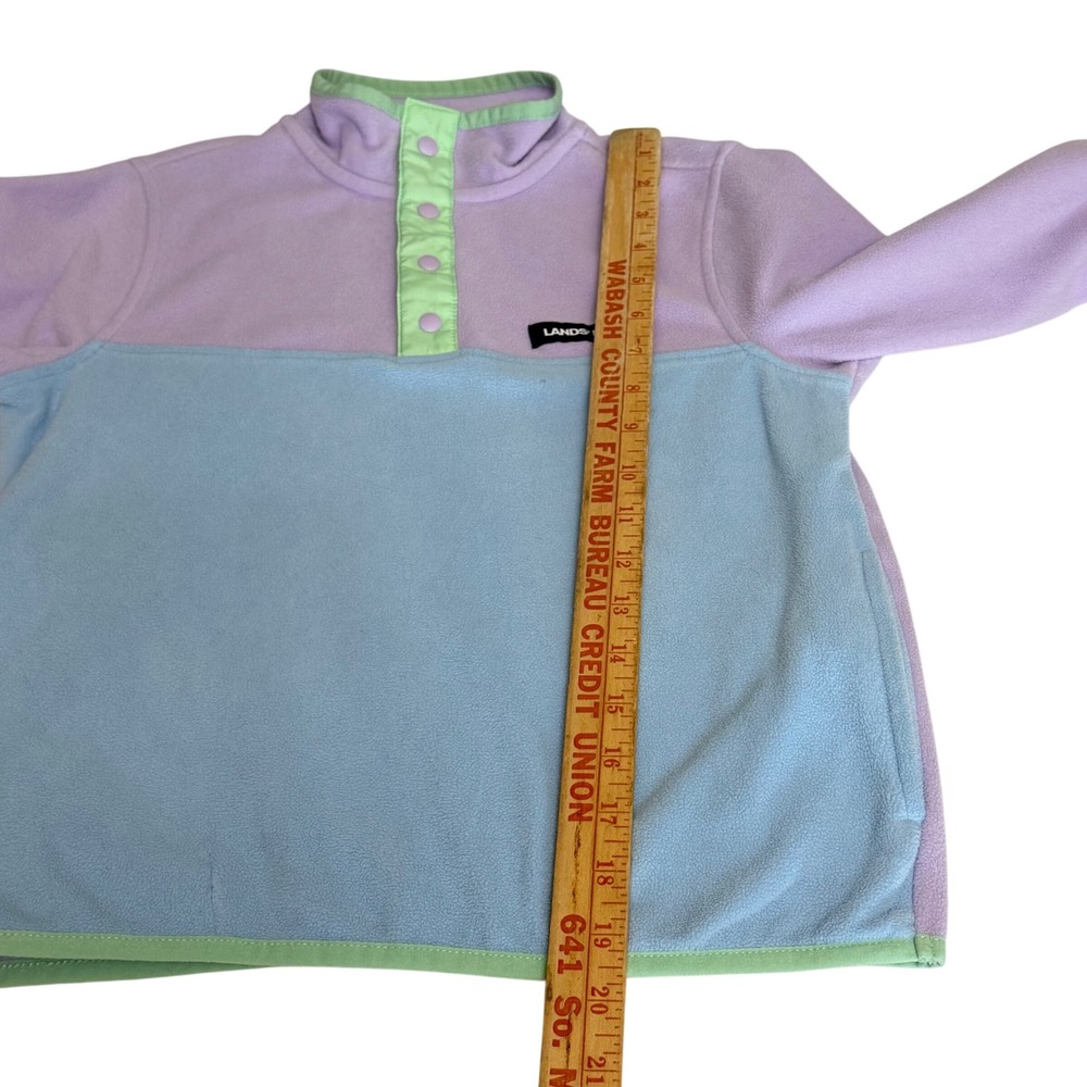 Lands End Kids M 8 Colorblock Fleece Pullover Snap Mock Neck Purple Blue Green - Picture 4 of 8